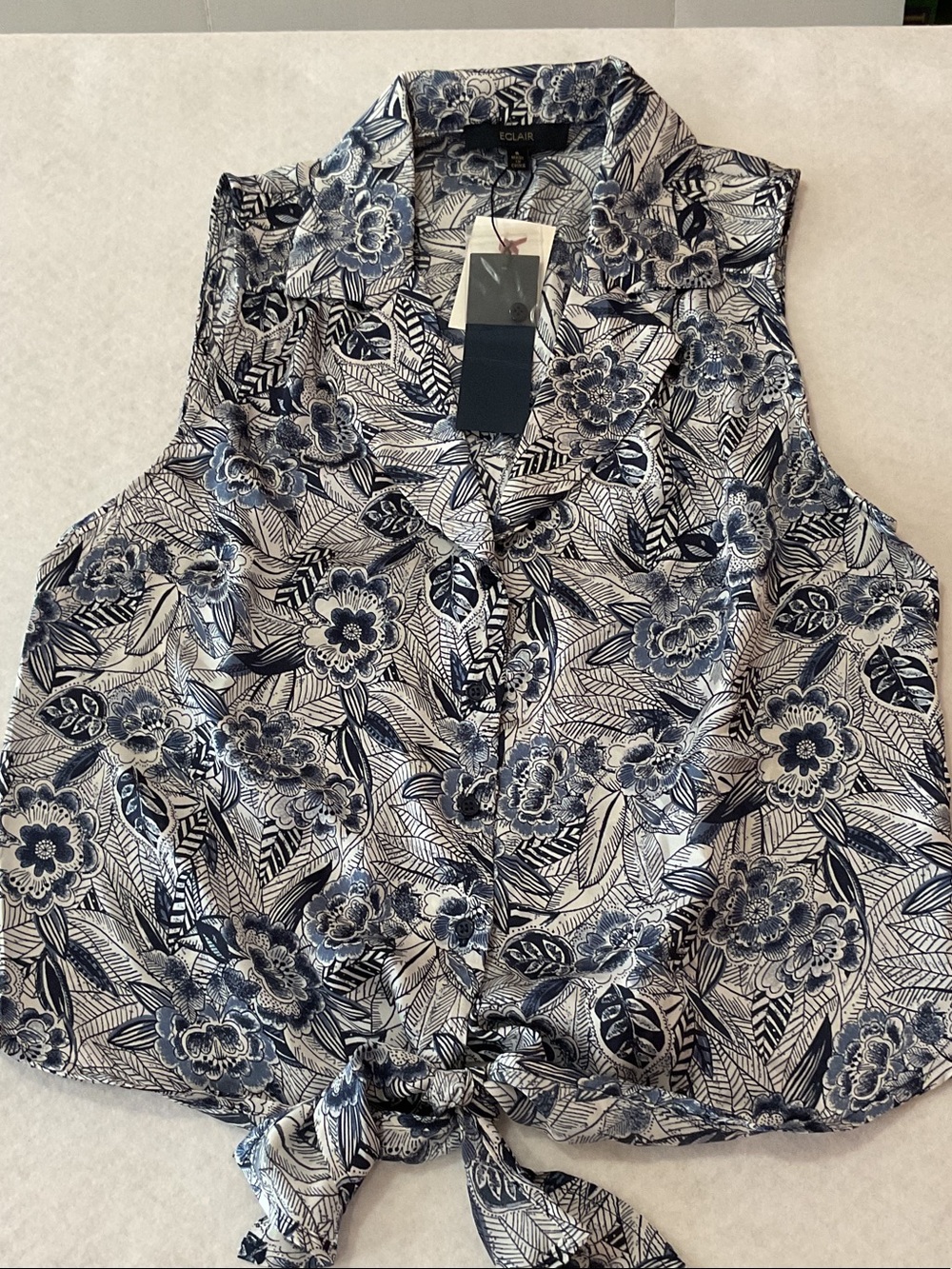 Eclair Navy Floral Tie-Front Button Down Shirt